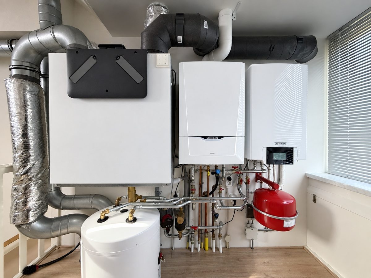 WTW-unit naast een combiketel en warmtepomp in een technische ruimte